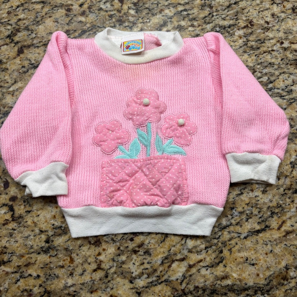 Vintage Lightning Bug Pink Floral Knit Sweater Toddler 18M Polka Dot Pocket